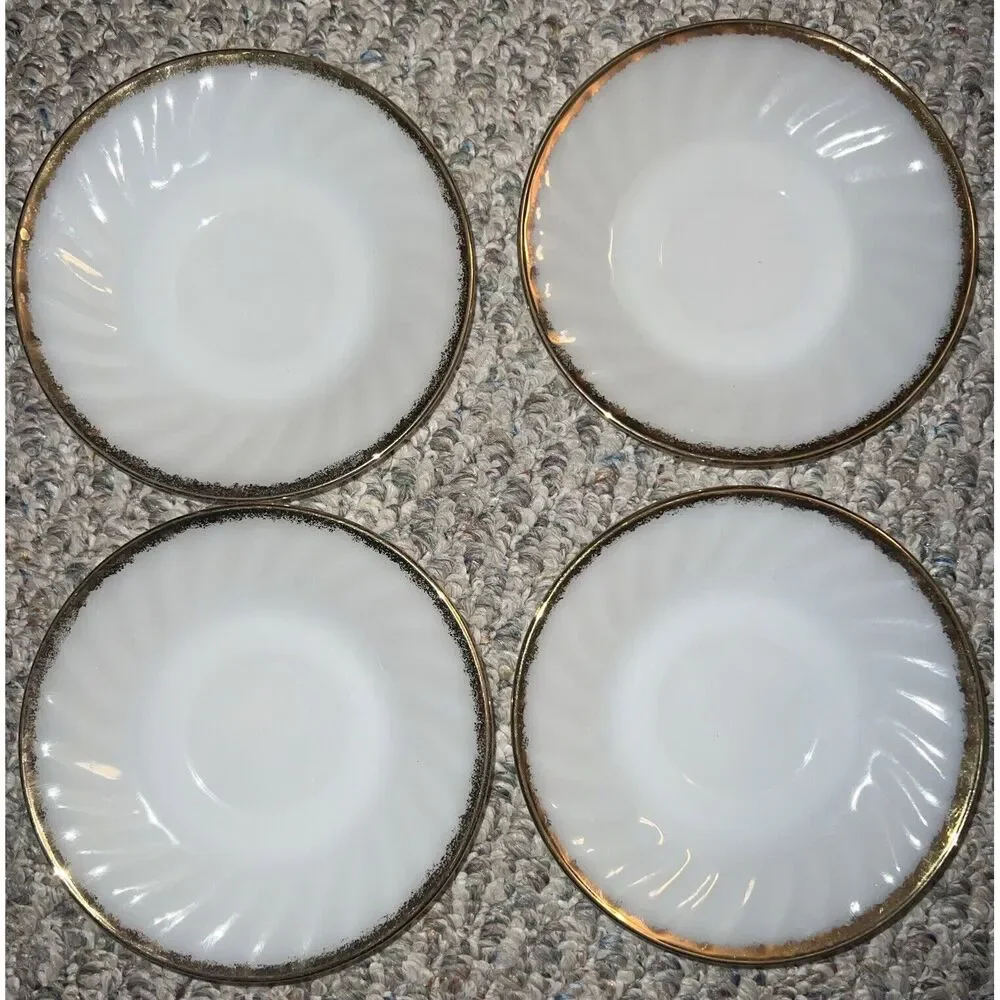 Fire King Anchor Hocking 22k Gold Trim Swirl Milk Glass Saucers USA Made 4 Piece